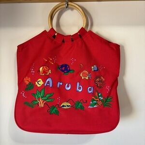 Aruba Bag Canvas Tote Red Embroidered Fish Travel Beach Bag Wood Handle